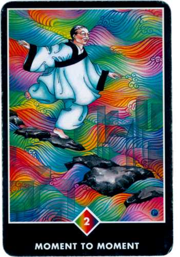tarot card from the Zen Deck Moment to moment-jumping from stone to stone in a stream.